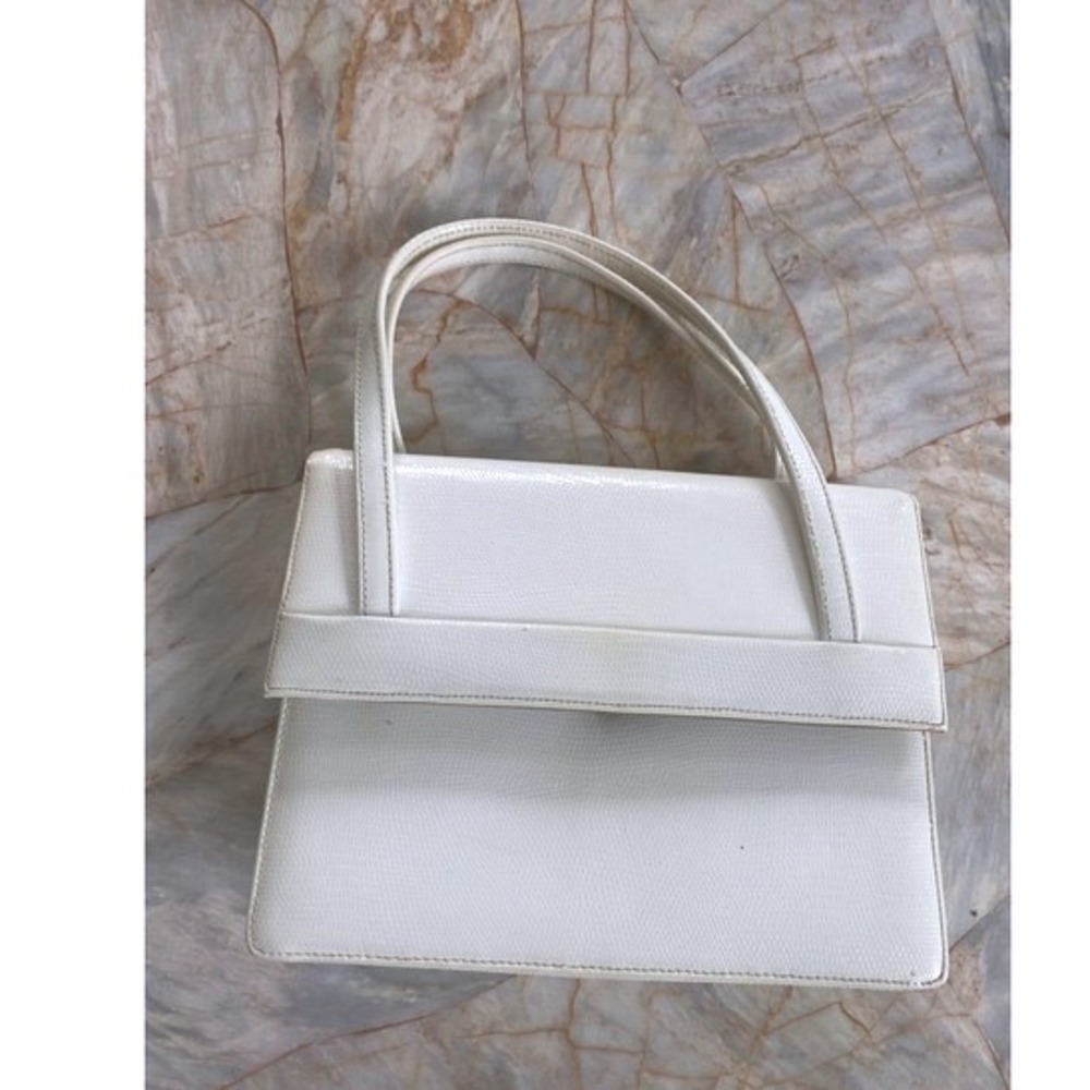 Vintage Saks Fifth Avenue White Lizard Embossed Top Handle Handbag Turn Lock